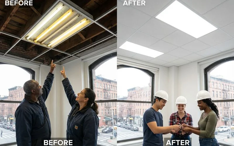 Before and after comparison of fluorescent lighting replaced with LED panels
