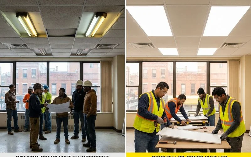 Non-compliant fluorescent lighting compared to LL88 compliant LED lighting