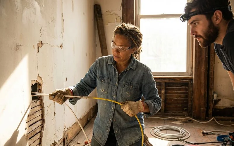 Electrician fishing new wiring through original plaster walls in a Brooklyn brownstone renovation