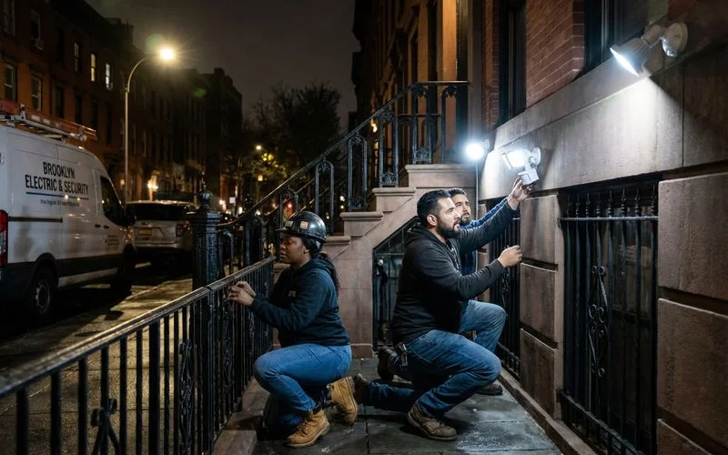 Motion-activated LED security lights illuminating a Brooklyn brownstone front stoop at night