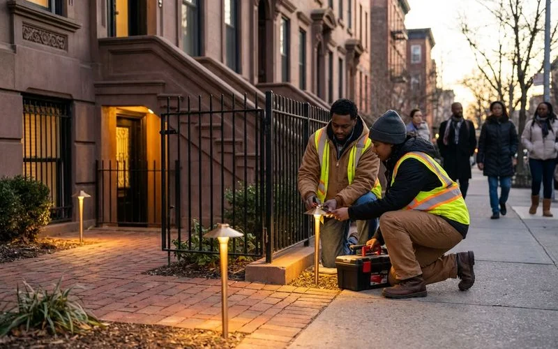 Warm LED pathway lights along a Brooklyn garden-level entrance walkway for security lighting