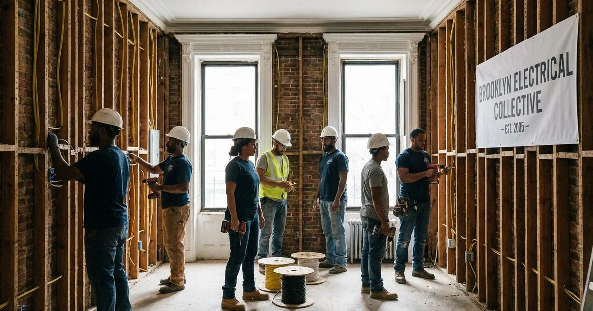 Electrician rewiring a Brooklyn brownstone with new wiring and modern electrical panel