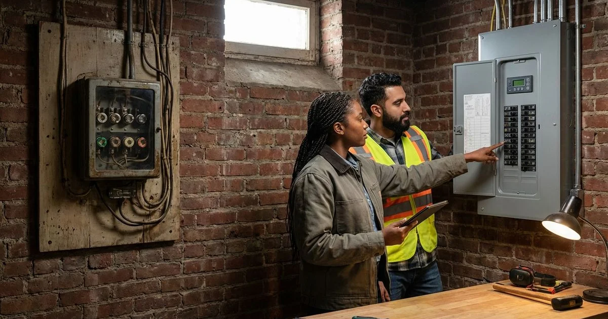 Comparison between an old fuse box and a modern circuit breaker panel in a Brooklyn home