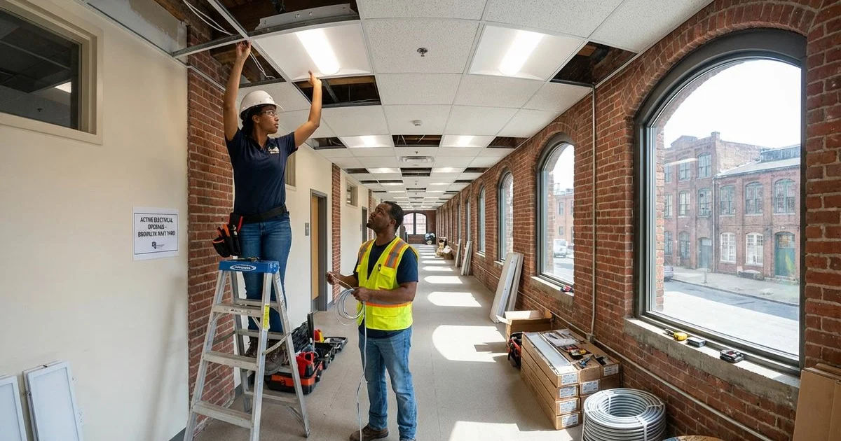 Brooklyn commercial building lobby with upgraded LED lighting that meets Local Law 88 compliance standards