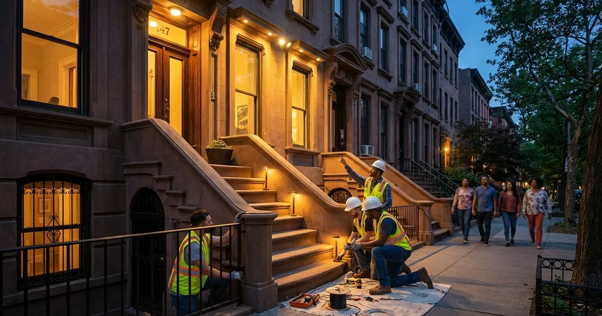 Brooklyn brownstone exterior with strategically placed security lighting illuminating the entrance and stoop